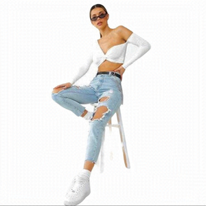 𝅺MOMOKROM High Waisted Distressed Ankle Jeans 25"